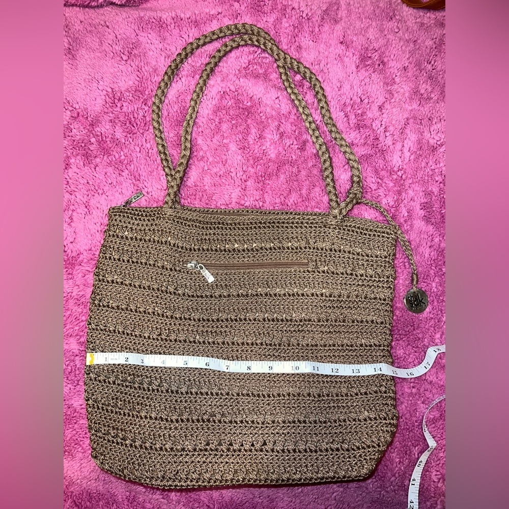 The Sak Originals Crochet Shoulder Purse Bag Lined Zip Closure Brown Beige - Picture 11 of 12